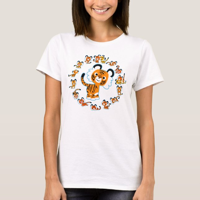 Roligt Tecknad Tigers Mandala (Blue Women Tshirt) Tee (Framsida)