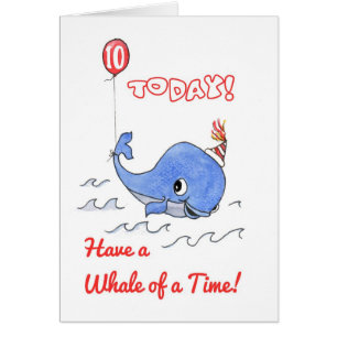 Roligt Tecknad Whale and Balloon 10th Birthday Car Hälsningskort