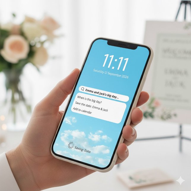 Roligt telefonlås skärm sparar datum spara datumet (Minimal fun lock screen style digital,wedding invite event date, and `'save the date". )