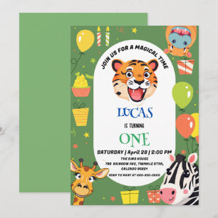 Roligt tiger Zebra Hippo safari zoo Vild Birthday Inbjudningar