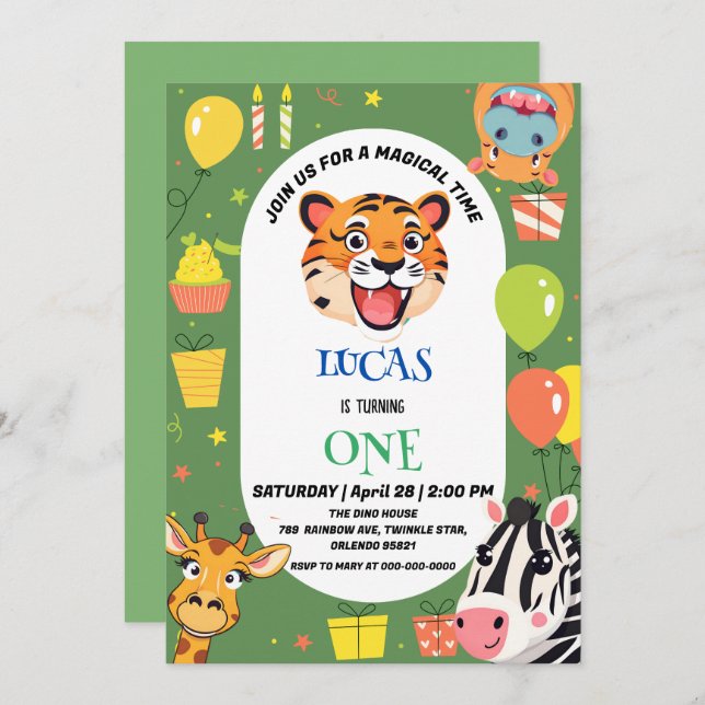 Roligt tiger Zebra Hippo safari zoo Vild Birthday Inbjudningar (Fram/baksida)