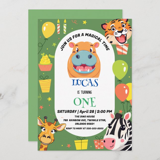 Roligt tiger Zebra Hippo safari zoo Vild Birthday Spara Datumet (Fram/baksida)