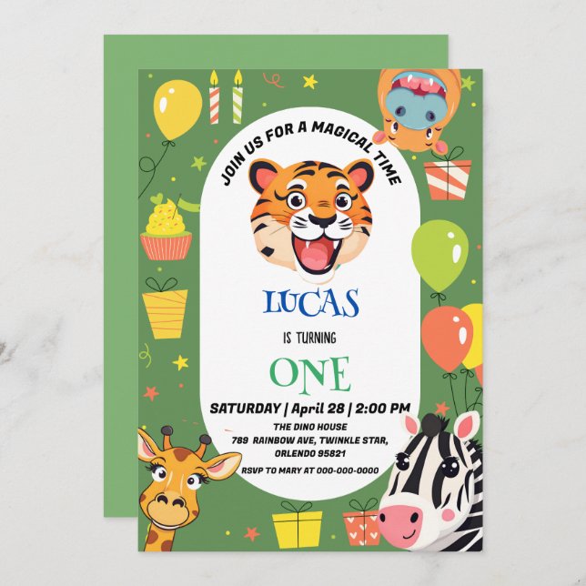 Roligt tiger Zebra Hippo safari zoo Vild Birthday Spara Datumet (Fram/baksida)