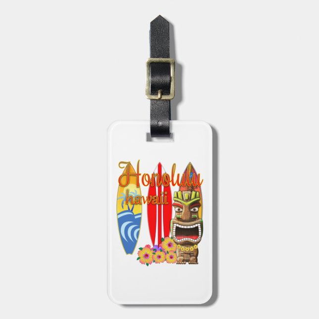 Roligt Tiki Honolulu Hawaii surfa Bagagebricka (Vertikal Framsida)