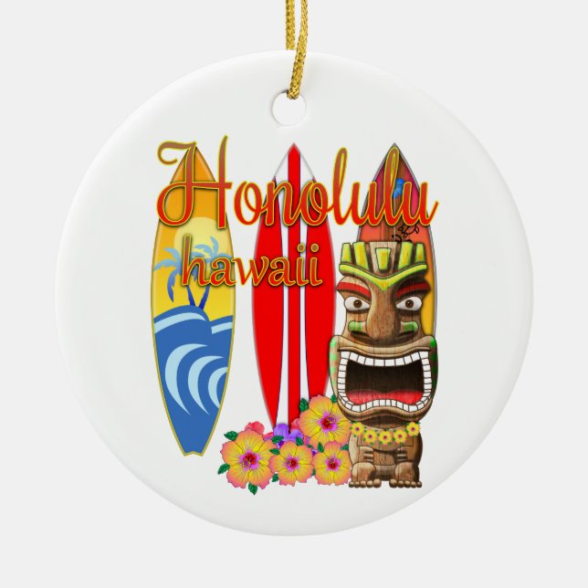 Roligt Tiki Honolulu Hawaii surfa Julgransprydnad Keramik (Framsidan)