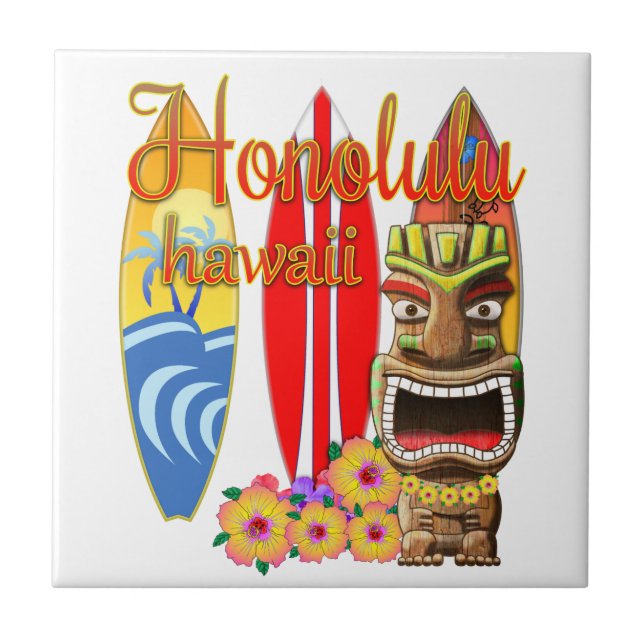 Roligt Tiki Honolulu Hawaii surfa Kakelplatta (Framsidan)