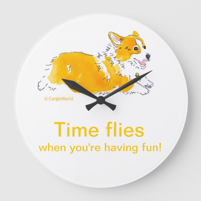 Roligt Time Flies Corgi Clock Stor Klocka (Framsida)