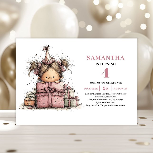 Roligt Tjej 4-års Inbjudan Rosa Utskrivbar (Funny Girl 4th Birthday Invite Pink Printable)