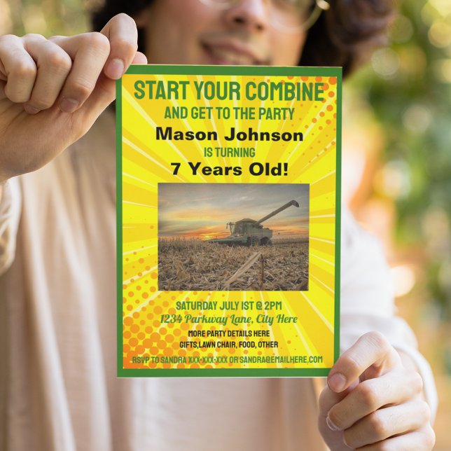 Roligt Tractor Birthday Barn Farm Equipment Combin Inbjudningar (Skapare uppladdad)