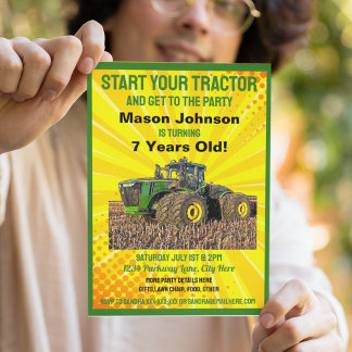 Roligt Tractor Birthday Barn Farm Equipment Gult Inbjudningar