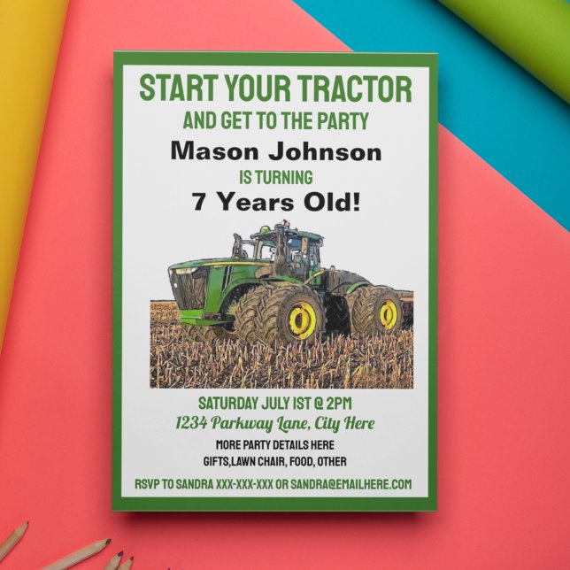 Roligt Tractor Birthday Barn Farm Equipment Gult Inbjudningar (Skapare uppladdad)