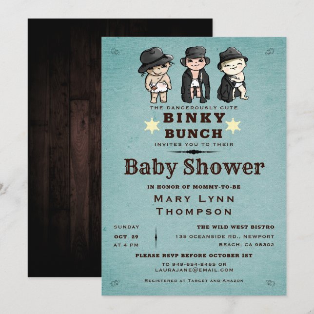 Roligt Triplets Binky Bunch Western Baby Shower Inbjudningar (Fram/baksida)