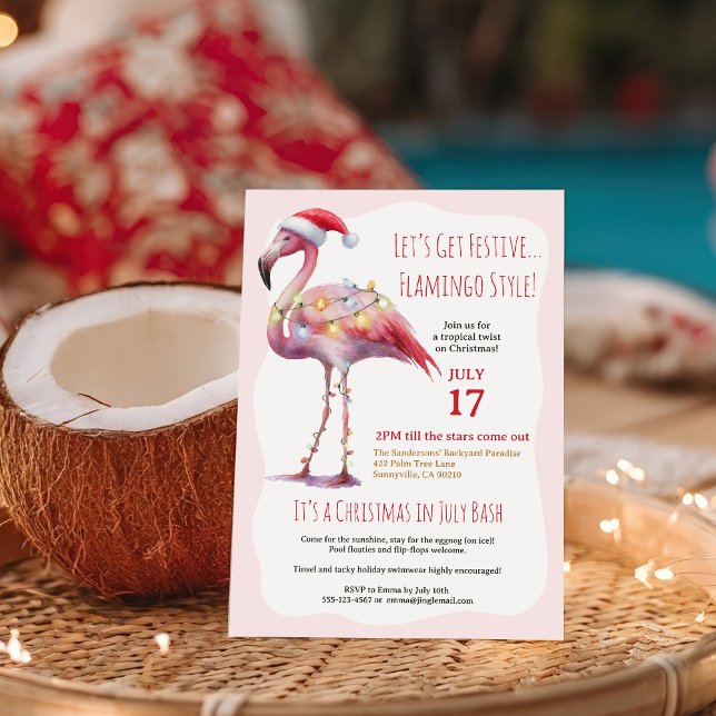 Roligt Tropical Flamingo-jul i juli Party Inbjudningar (Fun Tropical Flamingo Christmas in July Party Invitation)