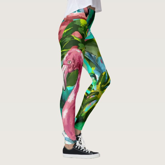 Roligt Tropical Grönt Handflatan Rosa Flamingos Va Leggings (Höger)