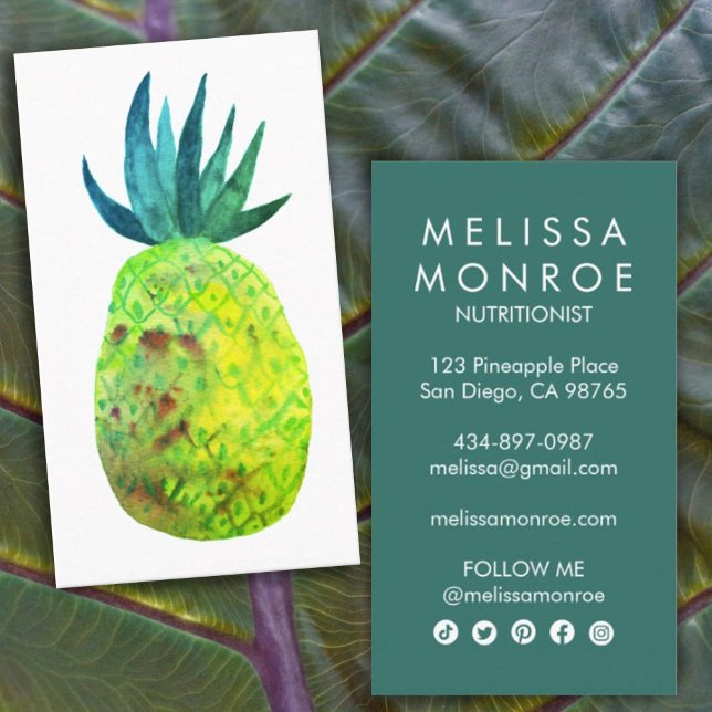 Roligt Tropical Pineapple Watercolor Teal Lime Bri Visitkort (Skapare uppladdad)