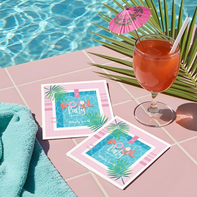 Roligt Tropical Rosa & Blue Tropical Bassäng Party Pappersservett (Fun Tropical Pink & Blue Tropical Pool Party Napkins)