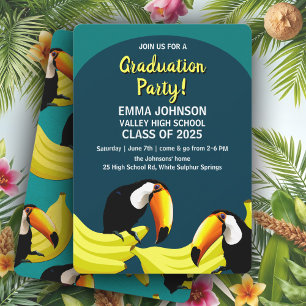 Roligt Tropical Teal Bananas Toucans Studentfest Inbjudningar