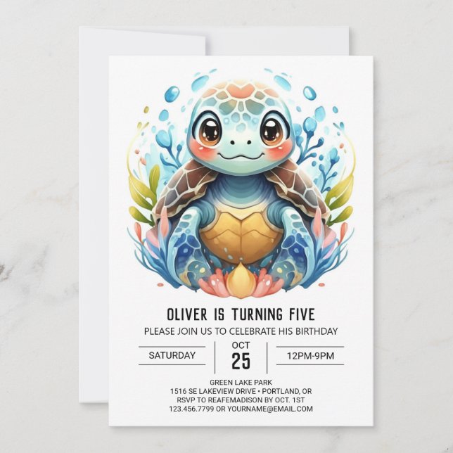 Roligt Tryckbar Blue Turtle Boy Birthday Inbjudningar (Framsida)
