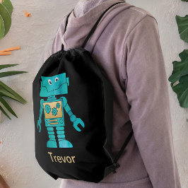 Roligt Turcouise Robot på Black Drawstring Bag Gympapåse