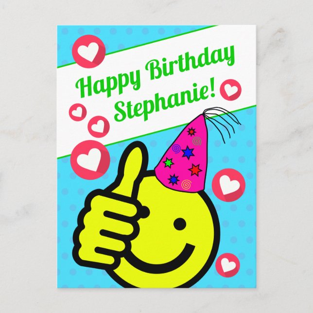 Roligt Turkos Leende Ansikte Ditt Namn Grattis på  Vykort (Framsida)