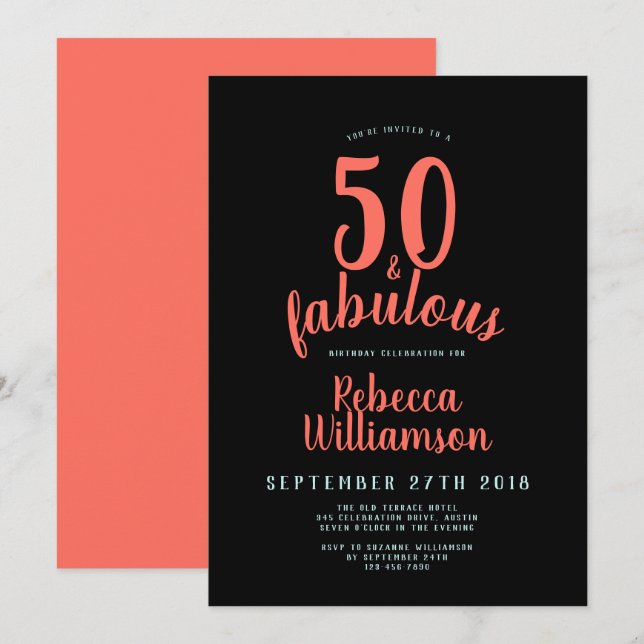Roligt- typografi Koral Teal and Black 50-årsdag Inbjudningar (Fram/baksida)