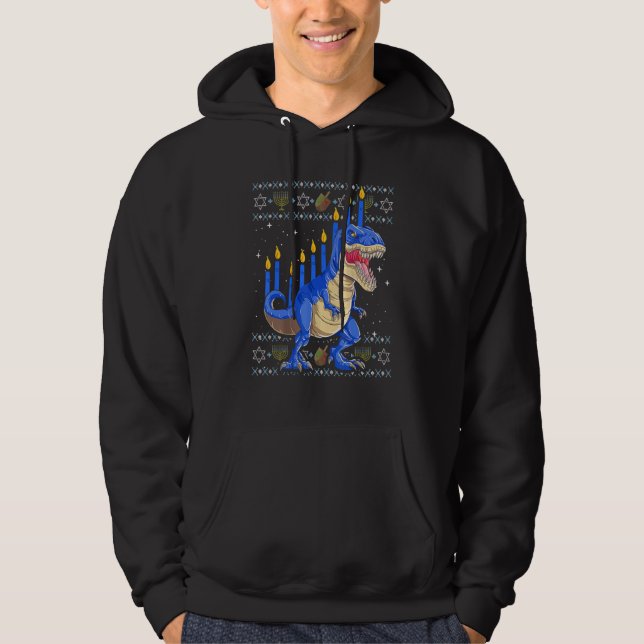 Roligt Ugly Hanukkah Sweater Menorasaurus Rex Dino Hoodie (Framsida)