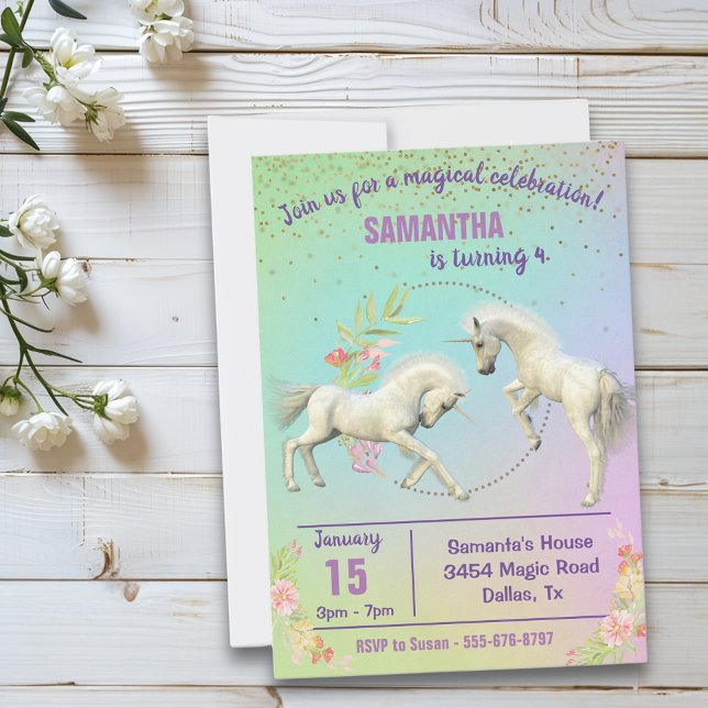Roligt Unicorn Foals Rainbow Fantasy Guld Confetti Inbjudningar (Skapare uppladdad)