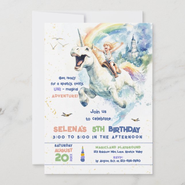 Roligt Unicorn Ride Princess Girl Födelsedagsfest Inbjudningar (Framsida)