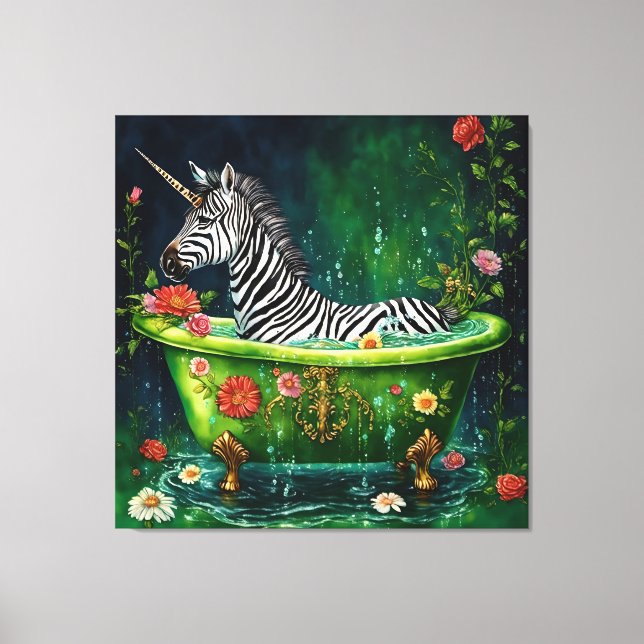 Roligt Unicorn Zebra i ett badkar Canvastryck (Framsida)