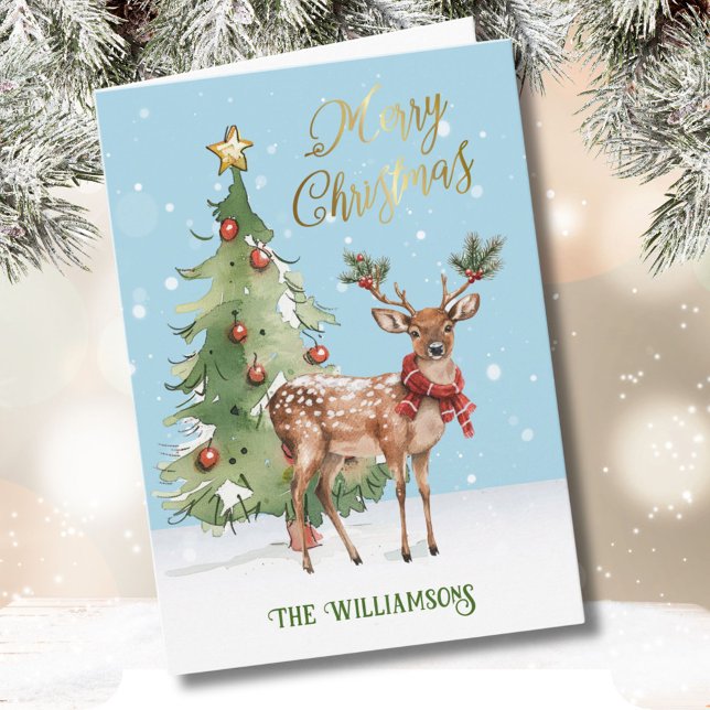 Roligt Välklädd Watercolor Reindeer Träd Kort (Skapare uppladdad)