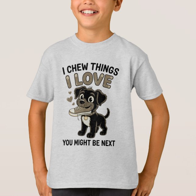 Roligt varningsgrafik för hundtuggummi t shirt (Framsida)