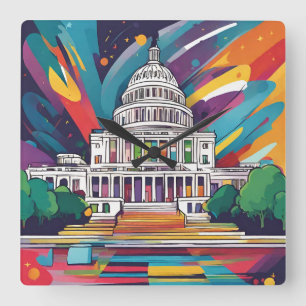 Roligt Vibrant Funky Washington DC Wall Clock! Fyrkantig Klocka