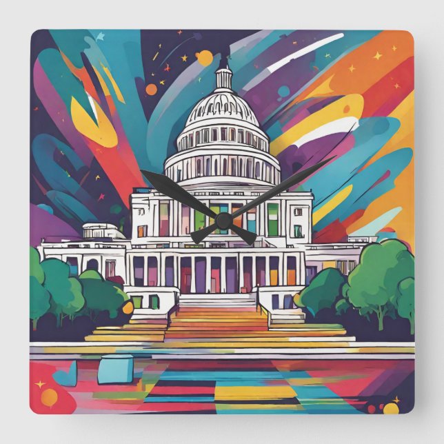 Roligt Vibrant Funky Washington DC Wall Clock! Fyrkantig Klocka (Framsida)