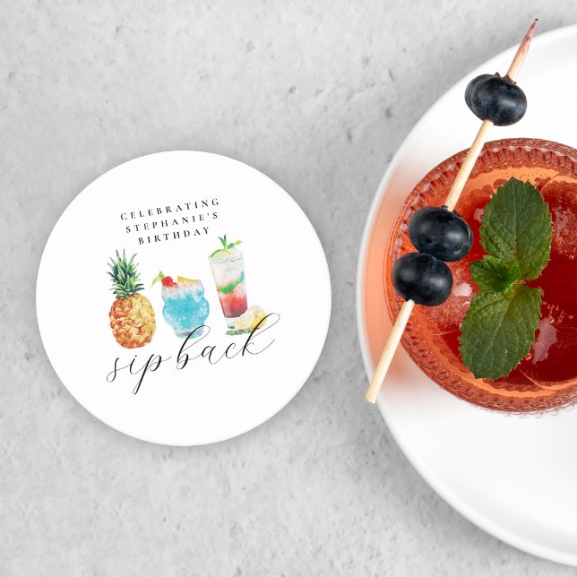 Roligt Vibrant Sip Back Cocktails Födelsedagsfest Underlägg Papper Rund (Skapare uppladdad)