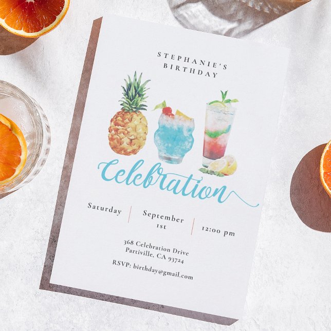 Roligt Vibrant Watercolor Cocktails Födelsedagsfes Inbjudningar (Skapare uppladdad)