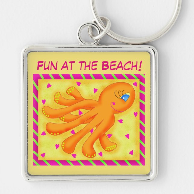 Roligt vid Beach Stollig Octopus Gult Orange Fyrkantig Silverfärgad Nyckelring (Framsidan)