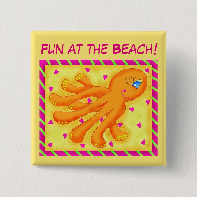 Roligt vid Beach Stollig Octopus Gult Orange Knapp (Framsida)