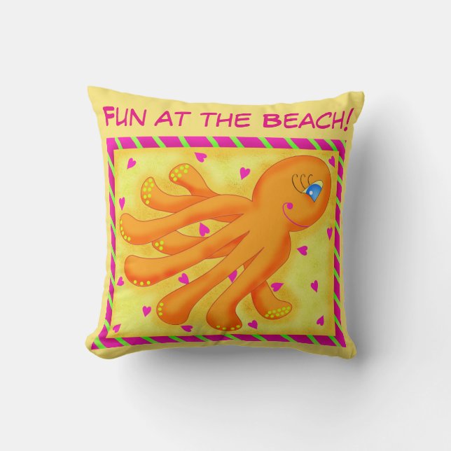 Roligt vid Beach Stollig Octopus Gult Orange Kudde (Framsida)