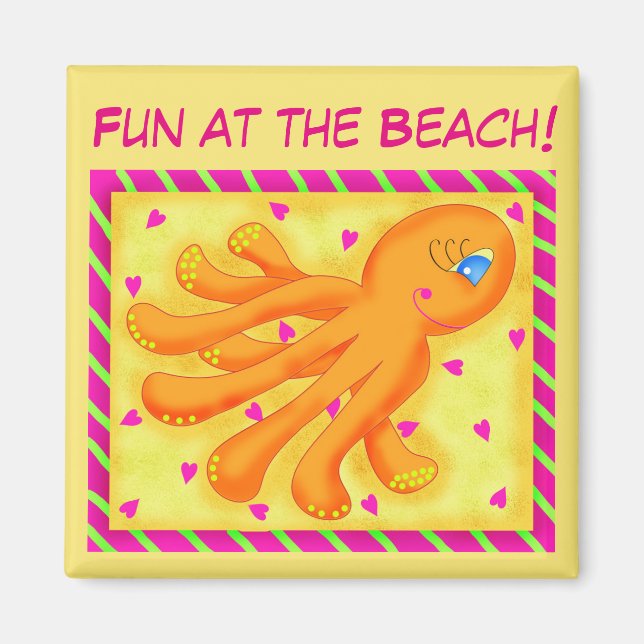 Roligt vid Beach Stollig Octopus Gult Orange Magnet (Framsidan)