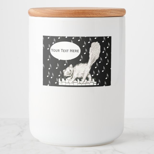 Roligt Vinkling White Cat Piano Nycklar Musik note Mat Etiketter (Framsida)