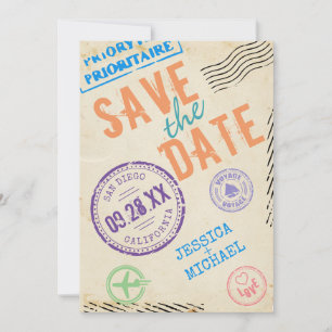 Roligt Vintage Airmail Frimärke typografi Spara Datumet