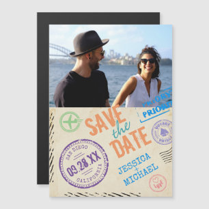 Roligt Vintage Airmail Typography Photo Save Date Magnetisk Inbjudningskort