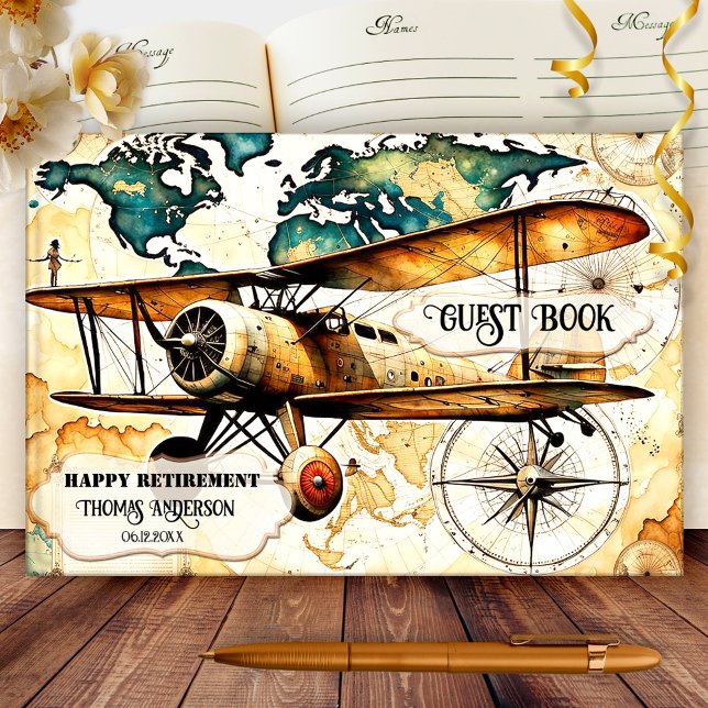 Roligt Vintage Flygplan Resa Pension Gästböcker (Retirement travel guest book featuring a painting of a vintage airplane on a map with compass)