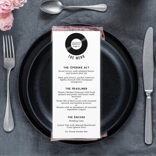 Roligt Vinyl Record Monogram Elegant Black & White Meny (Vinyl record menu with three courses. Your monogram on the record and in a pattern on the back.)