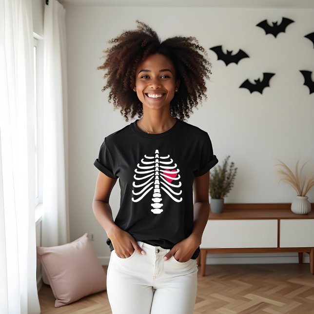 Roligt Vit Skeleton Rib Bones & Heart Halloween T Shirt (Fun White Skeleton Rib Bones & Heart Halloween Tri-Blend Shirt)