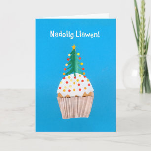 Roligt walesiskt julmuffinkort, julgran helgkort