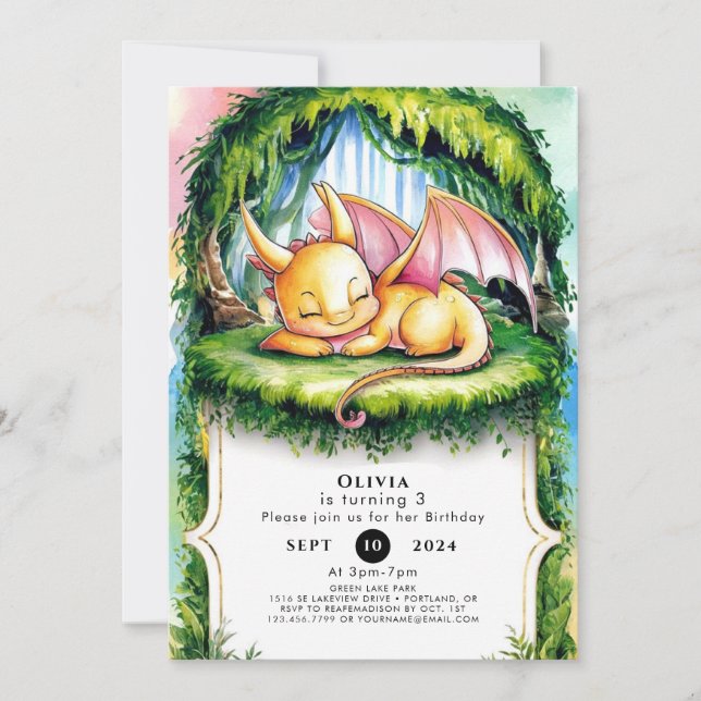 Roligt Watercolor Dragon Birthday Inbjudningar (Framsida)