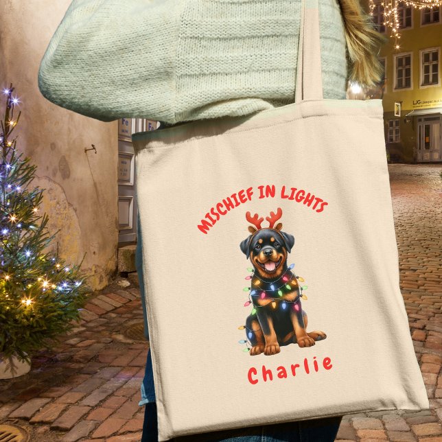 Roligt Watercolor Rottweiler jul Ljus Hund Tygkasse (Carry festive cheer with this custom fun Rottweiler dog tote bag. A perfect gift for dog lovers.)