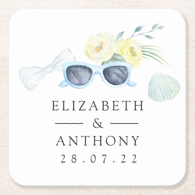 Roligt Watercolor Summer Beach Wed Underlägg Papper Kvadrat (Framsidan)