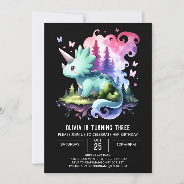 Roligt Watercolor Triceratops Birthday Inbjudningar (Framsida)